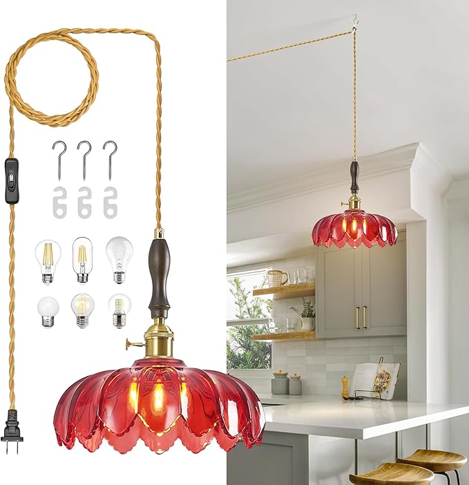 Modern Red Plug in Glass Pendant Light Retro Flower Glass Hanging Lamp Gold Brass Decorative Adjustable Ceiling Hanging Light Suitable for Kitchen Island Bedroom Dining Room Living Room
