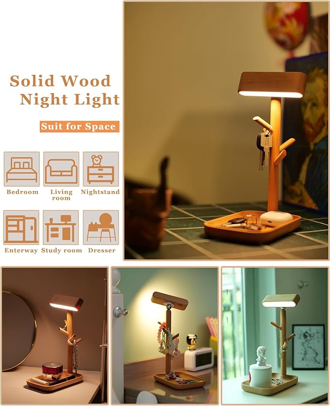 Wooden Table Lamp, Tree Trunk Rechargeable LED Desk Lamp with Organizer and Magnetic 360° Rotating Night Light for Bedside, Dorm Room or Living Space (Beech)