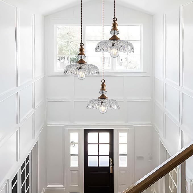 CVKASH Vintage Glass Pendant Light Fixture 3-Pack Brass Modern Adjustable Chandelier Farmhouse Hanging Ceiling Light for Hallway Porch Kitchen Bedroom Coffee Shop Dining Room