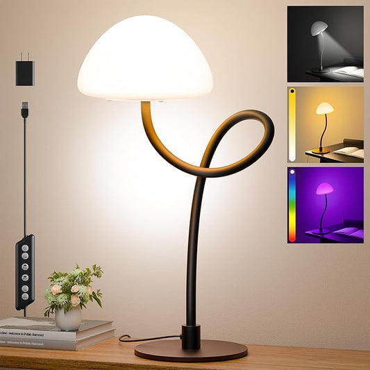 RGB Bedside Table Lamp with 3 Color Temperatures, Stepless Dimmable Desk Lamp 5%-100%, Flexible Gooseneck LED Night Light, 4 Power Supply Options for Bedroom Living Room Office Gift