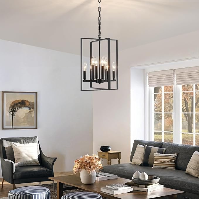 12.79" Black Chandelier 8-Light Modern Farmhouse Chandeliers for Dining Room Light Fixture Rustic Adjustable Pendant Light Fixtures Vintage Chandelier for Foyer Kitchen Entryway Living Room E12