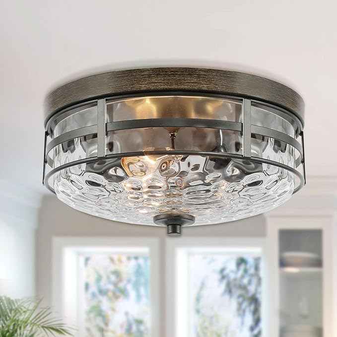 KSANA Farmhouse Faux Wood Flush Mount Ceiling Light Fixture with Water Ripple Glass for Bedroom, Hallway, Kitchen, Dining & Living Room, Foyer and Bathroom