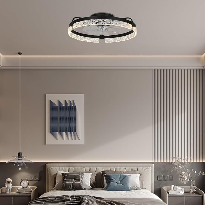 20" Modern LED Ceiling Fan with Lights Dimmable Acrylic Dimmable Low Profile Ceiling Fan Flush Mount Bladeless Chandelier Fan Stepless Color Temperature Change and 6 Speeds (Black)
