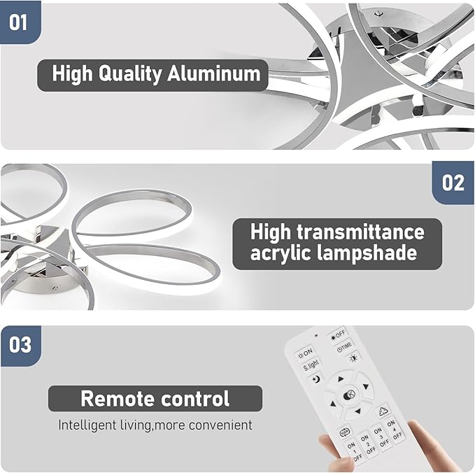 26inch Modern LED Ceiling Light, 6 Rings Flower Flush Mount Light Fixture with Remote Control Chrome Dimmable Ceiling Lamp for Living Room, Bedroom, Dining Room, Hallway, Kitchen