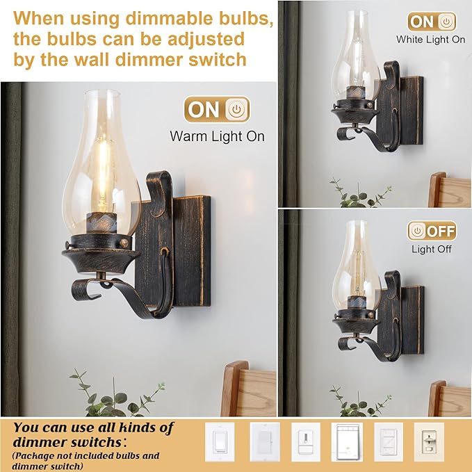 Yisuro Hardwired Wall Sconce,Oil Rubbed Bronze Hardwired Wall Sconce Indoor, Retro Rustic Wall Lamps with Amber Glass,Vintage Bedside Sconces Wall Lighting for Living Room Bathroom