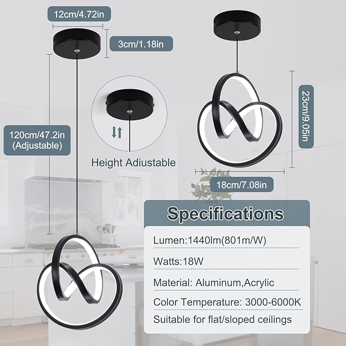 3000-6000K Modern LED Pendant Light,Black Dimmable Pendant Light for Kitchen Island, Adjustable Hanging Lamp for Dining Room Bar Bathroom, 1 Pack