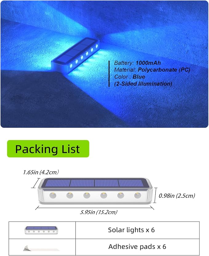 DetarZinLED Blue Solar Lights for Outside 6 Pack, 12 LEDs 2-Sided Illumination Solar Dock Lights Outdoor IP68 Waterproof, Auto On/Off Solar Deck Lights for Steps,Stairs,Driveway,Pathway,Sidewalk,Porch