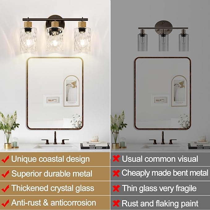 MOKATNG Bathroom Light Fixtures, 3-Light Coastal Vanity Lights with Crystal Glass Shade, Oil-Rubbed Bronze Bathroom Wall Lamp for Mirror Kitchen Hallway Cabinet