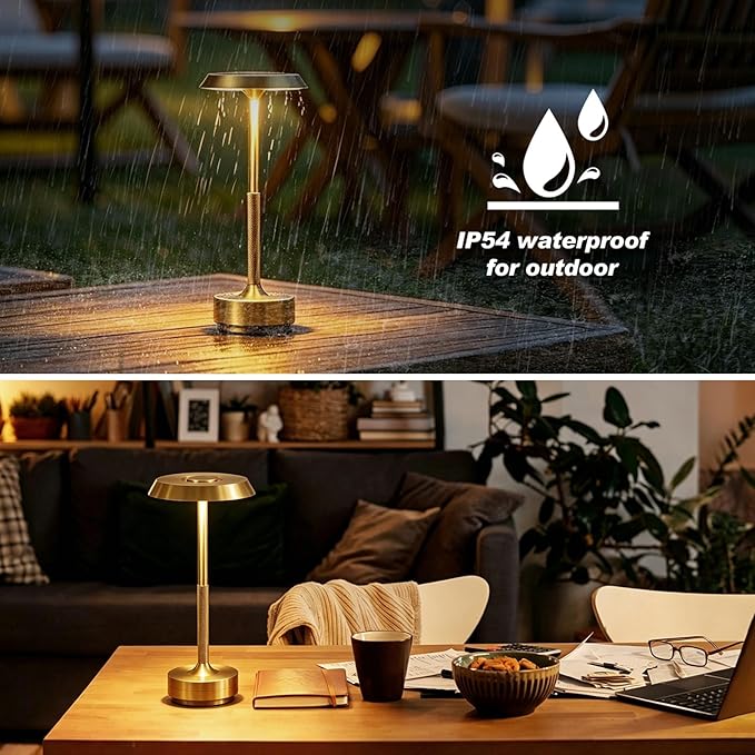 Wireless Desk Lamp Rechargeable 5000mAh Battery Powered Lamp for Counter 3 Color Stepless Dimmable LED Wireless Light for Dining Room Kitchen Outdoor Terrace Support Touch Control (Gold)