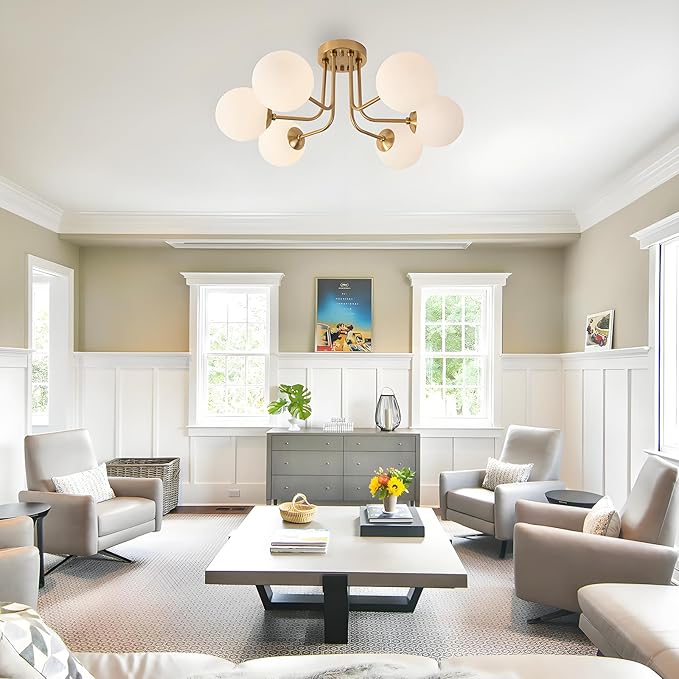 Modern Semi Flush Mount Ceiling Light 6-Light,Globe White Glass Shade Semi Flush Mount Ceiling Light Sputnik Chandeliers for Bedroom Living Room Hallway Dining Room Lighting Fixture
