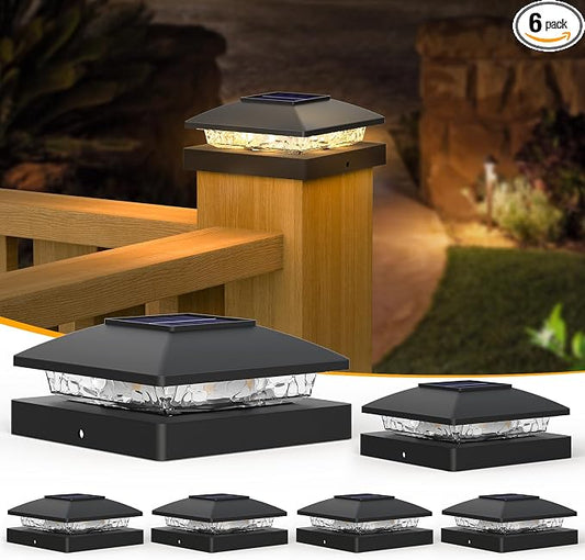 APONUO Solar Post Cap Lights for 4x4 Posts - IP64 Waterproof, 3000K LED, No-Wire Fence Lights & Deck Lights for Patio Garden Yard Patio, Black-Warm White, 6 Pack