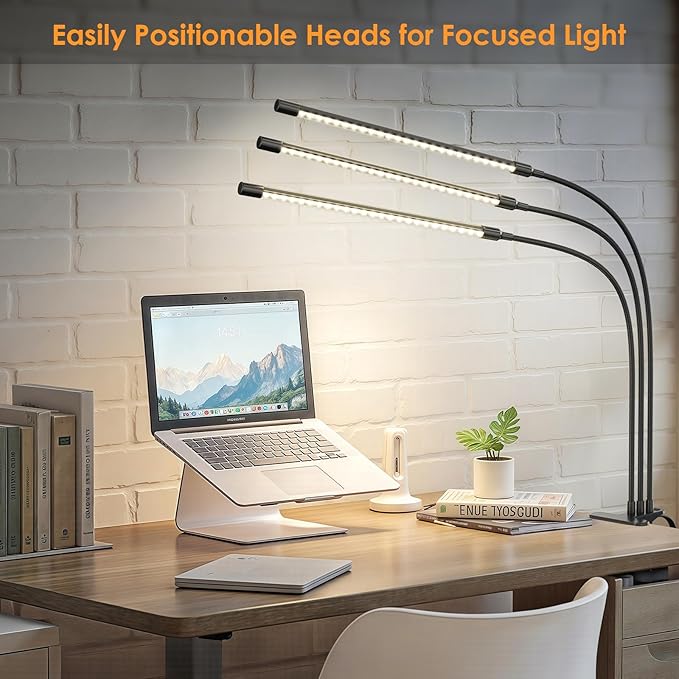 ShineTech LED Desk Lamp with Clamp, 3-Head Ultra-Wide Lighting, 4 Color Modes, Adjustable Gooseneck Task Lamps, Eye-Safe Dimming, Memory & Auto-Off Timer, Desk Light for Home Office, Study, Reading