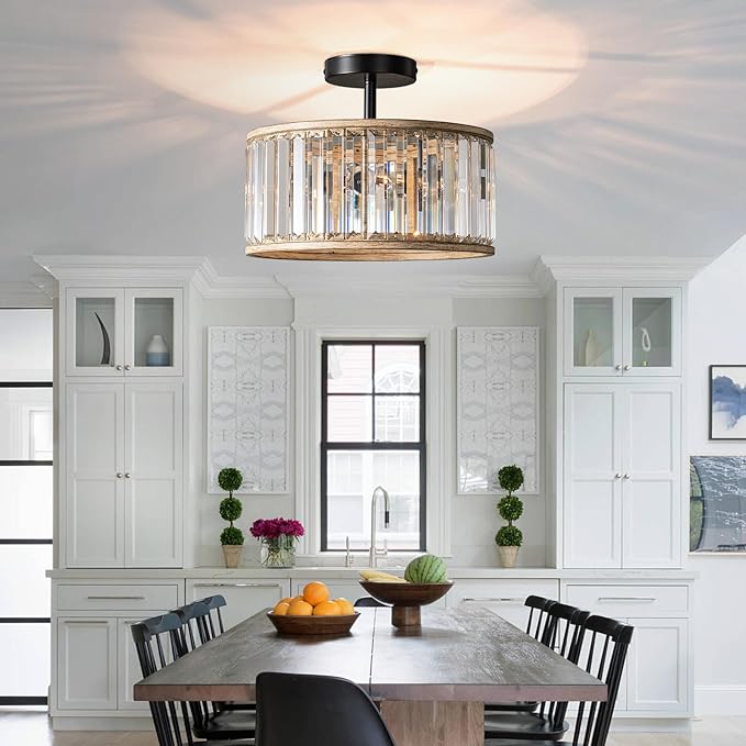 Veronie Crystal Ceiling Light Fixture,3 Light Crystal Semi Flush Mount Lighting Fixture,Round Small Hallway Ceiling Light for Entryway, Laundry Room, Kitchen, Bedroom, Foyer, Bathroom
