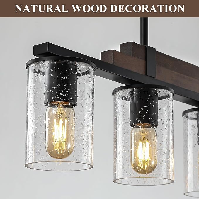 Farmhouse Wood Kitchen Island Lighting, 4-Light Adjustable Chandelier for Dining Room, Seeded Glass Shade Dining Room Light Fixture Over Table, Black Hanging Pendant Lights for Kitchen, Pool Table