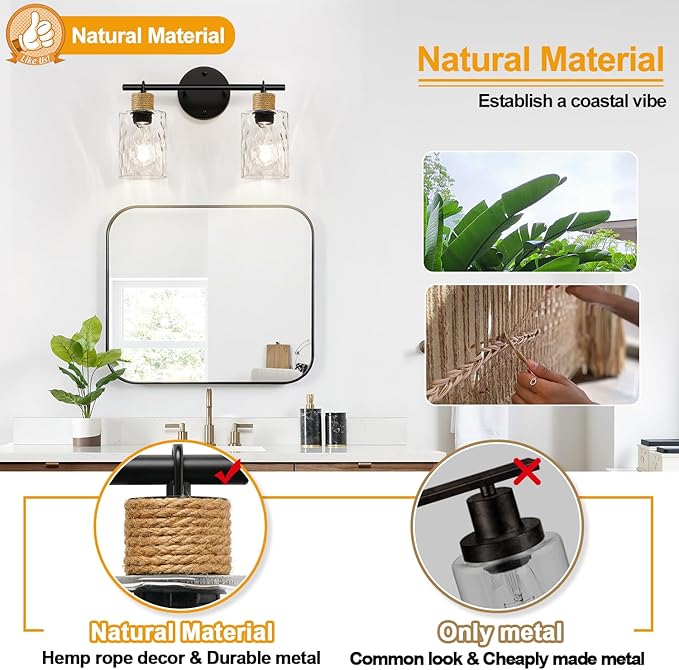 MOKATNG Bathroom Light Fixtures, 2-Light Coastal Vanity Lights with Crystal Glass Shade, Brown and Gold Bathroom Wall Lamp for Mirror Kitchen Hallway Cabinet