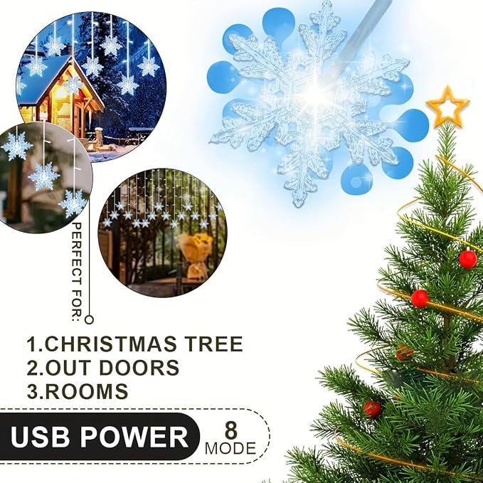 Lainin 12ft/3.5M USB Powered 8 Modes Snowflake Curtain Night Light Icicle Fairy String Light, Perfect for Christmas Wedding Holiday Garden Indoor/Outdoor Party Decoration - White