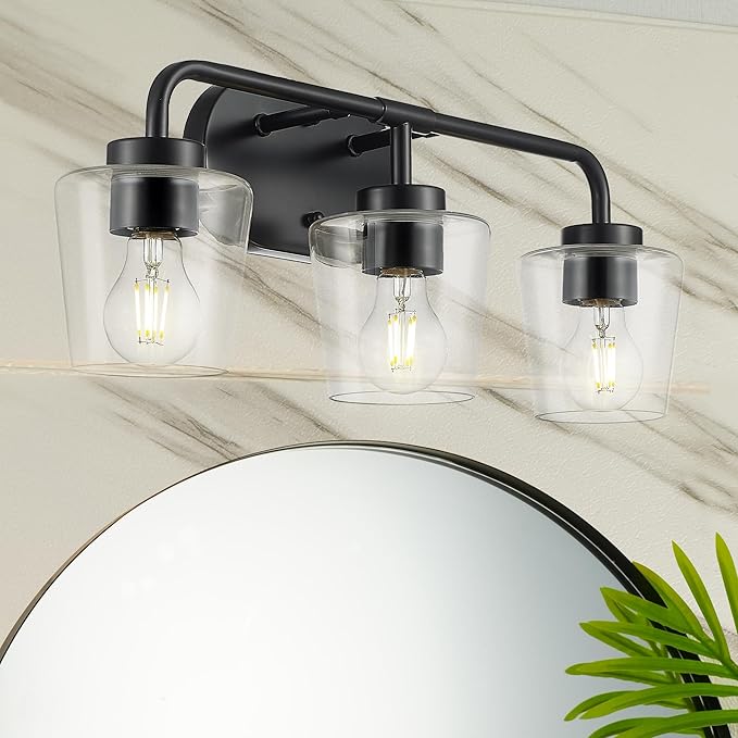 Bathroom Light Fixtures, 3-Light Matte Black Vanity Lights Over Mirror with Clear Glass, Modern Vanity Lighting Fixtures, AD-22004-3W-BK-C