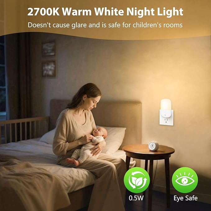 echosari Night Lights Plug into Wall, 2 Pack Dimmable Night Light with Dusk to Dawn Light Sensors, Warm White LED Nightlights for Bathroom Bedroom Kitchen Hallway Stairs