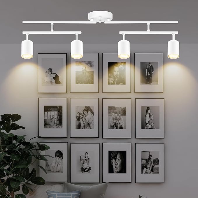 Track Lighting Fixtures Ceiling, 4-Light LED Track Lighting Kit, 30" Modern White Ceiling Spot Lighting, Flexibly Rotatable Head, Wireless Wall Light for Bedroom/Kitchen/Hallway(GU10 Socket, NO Bulb)
