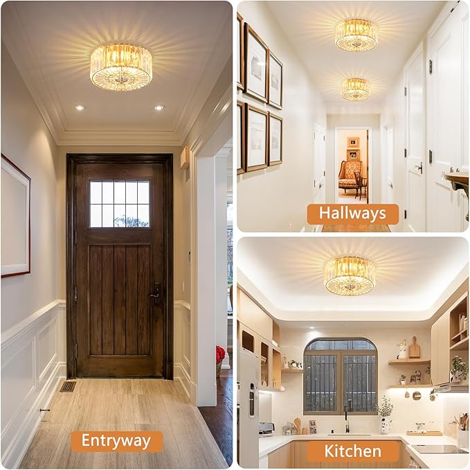 Gold Crystal Ceiling Light, 11.8" Semi Flush Mount Ceiling Light, 2-Lights Hallway Lighting Fixtures Crystal Chandelier Gold Bedroom Chandelier for Entryway Bathroom Foyer, E26 Socket