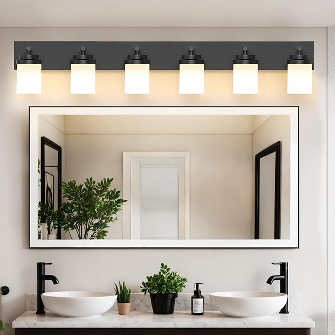IZORRO Bathroom Vanity Light Fixture, 6-Light 46 Inch Matte Black Bathroom Light Fixtures Over Mirror, with White Glass Shade, Modern Farmhouse Vanity Lights, Rustic Restroom Lighting Fixtures