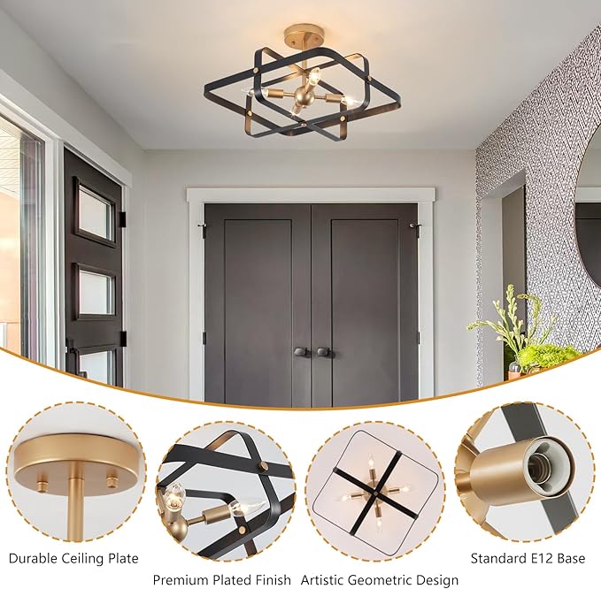 4-Lights Modern Semi Flush Mount Ceiling Light, Black and Gold Ceiling Light Fixture, Metal Industrial Geometric Chandelier Ceiling Lamp for Kitchen Bedroom Hallway Entryway Foyer Closet