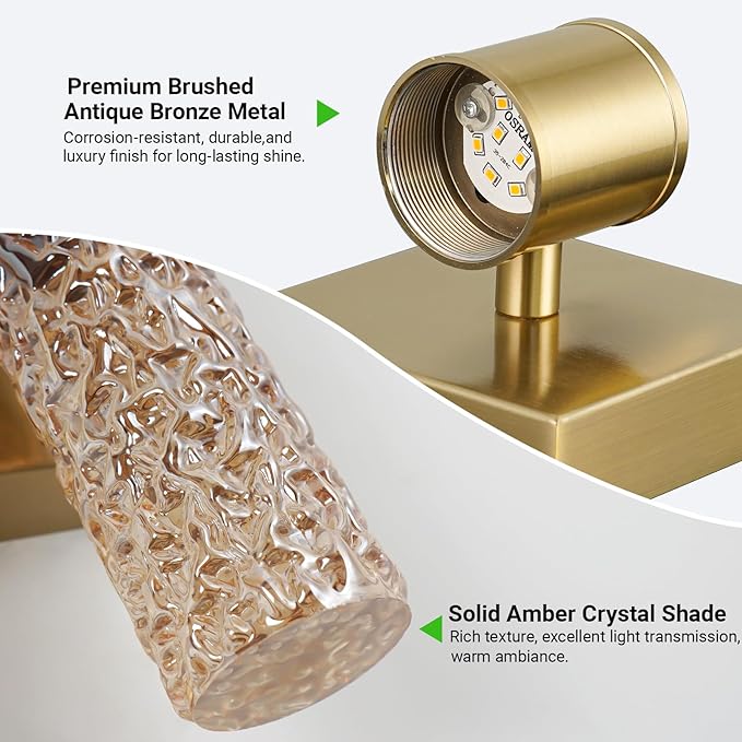 2 Pack Gold LED Wall Sconces, 10W 3000K Warm White Hardwired Wall Mounted Light Fixtures with Amber Crystal Glass, Modern Bathroom Vanity Lights for Mirror Living Room Bedroom Hallway