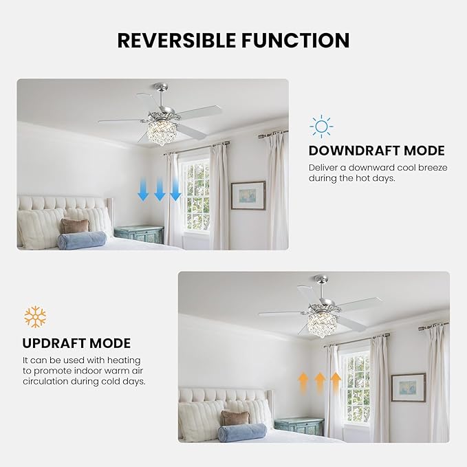 CROSSIO 52" Crystal Ceiling Fan with Light Dimmable LED Chandelier Ceiling Fan Modern Reversible Fandelier Light Fixture with Remote for Bedroom Dining Room Living Room Chrome