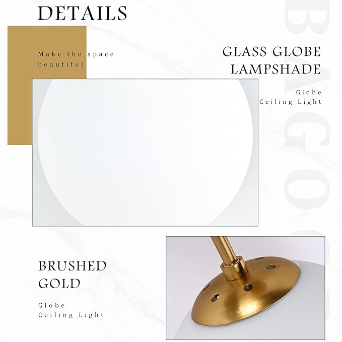Gold Globe Semi Flush Mount Ceiling Light,Mid Century Modern Light Fixture Ceiling,Globe Ceiling Light for Hallway Living Room Kitchen Bedroom Storage Schoolhouse Laundry(Bulb Incl.)