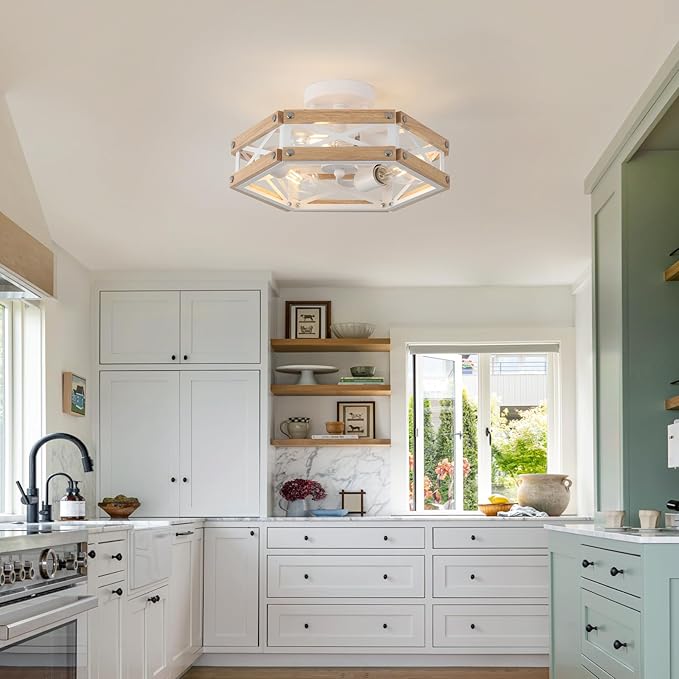 3-Light Modern Farmhouse Wood Flush Mount Ceiling Light Fixture 14.5 inch Vintage Natural Wood and Metal Cage Semi Flush Mount Ceiling Light for Hallway Entry Bedroom Farmhouse, White