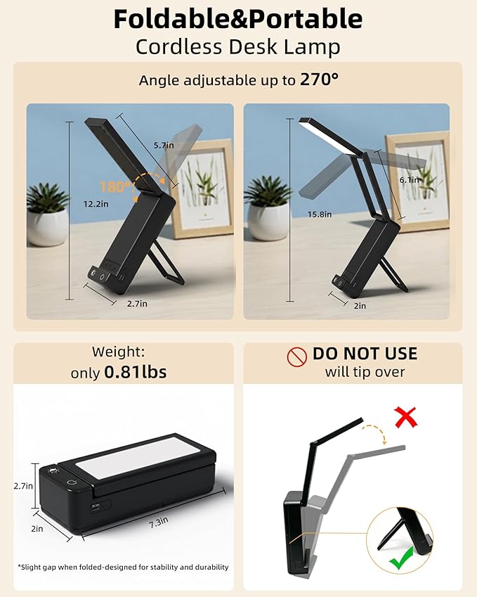 EZVALO LED Rechargeable Desk Lamp, 6000mAh Battery Operated Light, Cordless Table Lamp for Book Reading, Foldable Mini Lamp & Portable, 3 Color Dimmable Small Wireless Reading Lamp, Black
