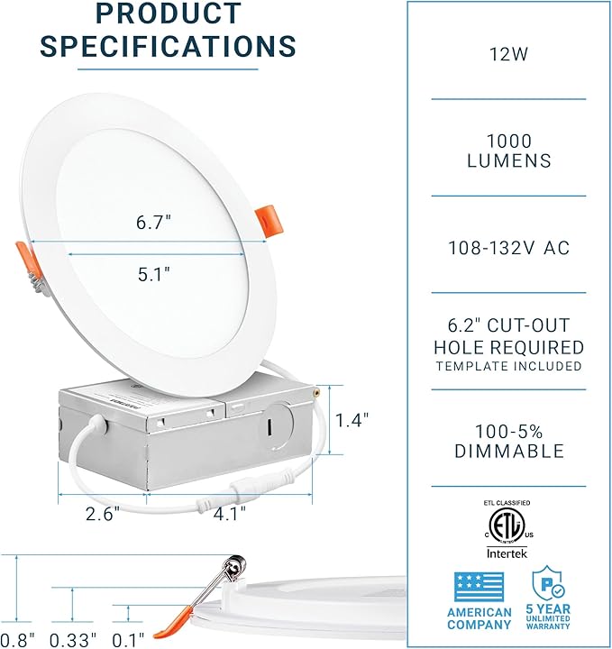 PARMIDA (12 Pack) 6 Inch Ultra-Thin LED Recessed Ceiling Light with Junction Box, 12W, Dimmable Canless Wafer Slim Panel Downlight, IC Rated, ETL-Listed - 4000K