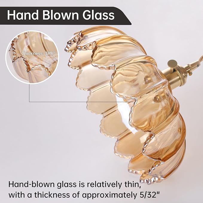 Shenmoyl Plug in Pendant Light Hanging Light Fixtures with Plugin Cord On/Off Switch,Amber Scindapsus Glass Lampshade Brass Pendant Light