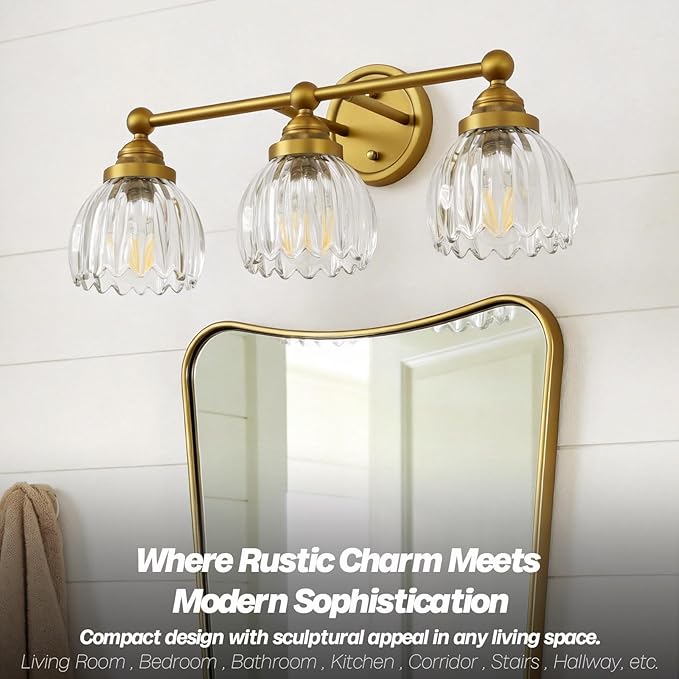 Vintage Triple Arm Tulip Glass Wall Sconce Lighting, 3-Lights Bathroom Vanity Light Fixture for Hallway Bedroom Living Room Bedside Nightstands Lights