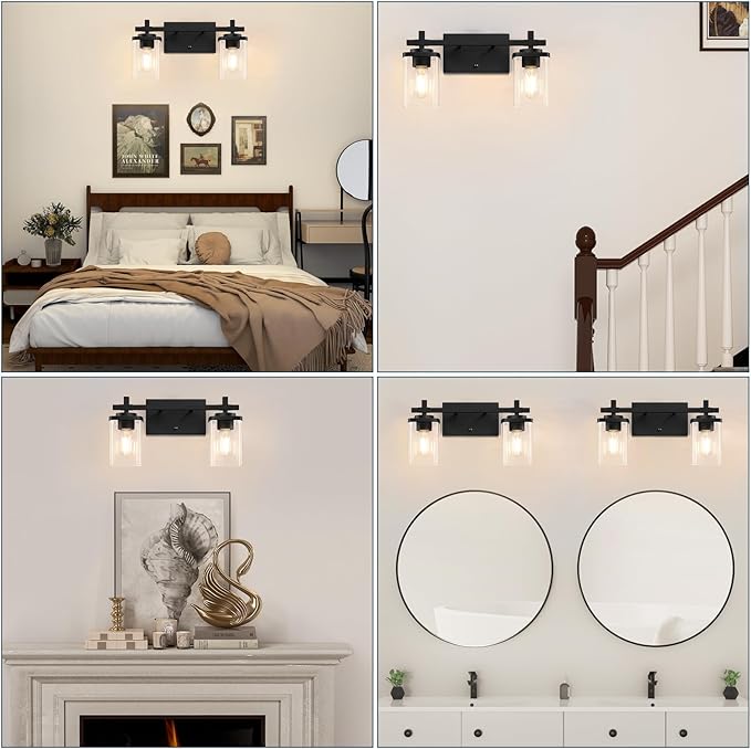 2-Lights Bathroom Vanity Lights, Matte Black Vanity Light Fixtures Over Mirror, Modern Wall Sconces with Clear Glass Shade, Wall Light Fixture for Bedroom Hallway Living Room