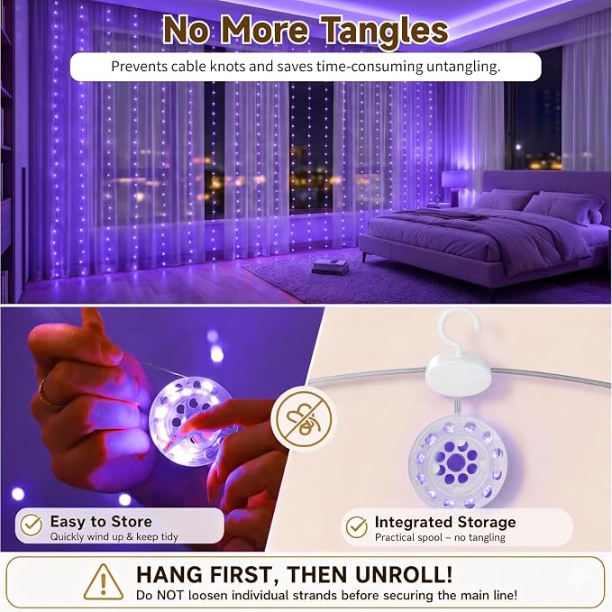 HXWEIYE 300LED Untangled Curtain Lights, 9.8x9.8Ft USB Fairy Twinkle String Lights with Remote and DIY Timer, 8 Modes Window Wall Hanging Light for Bedroom Dorm Backdrop Room Decor, Purple