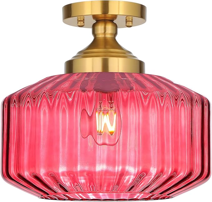 11.8in Semi Flush Mount Ceiling Light Fixture, Vintage Striated Glass Kitchen Lighting Fixtures Ceiling Mount for Entryway Hallway Bedroom Dining Room Bathroom Foyer Laundry (Purple)