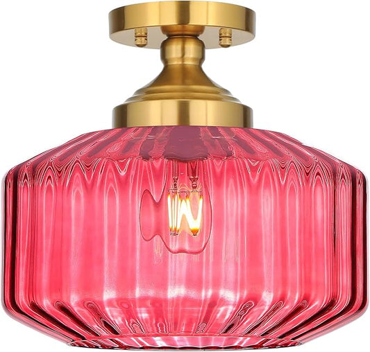 11.8in Semi Flush Mount Ceiling Light Fixture, Vintage Striated Glass Kitchen Lighting Fixtures Ceiling Mount for Entryway Hallway Bedroom Dining Room Bathroom Foyer Laundry (Purple)
