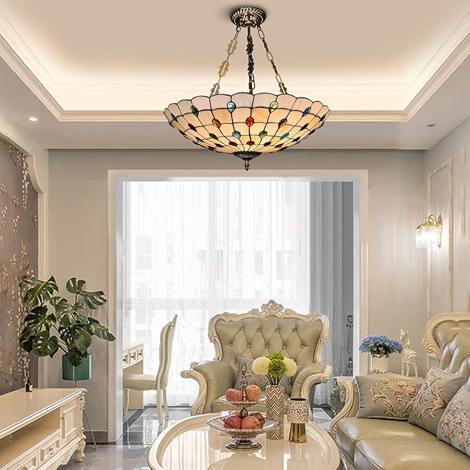 TFCFL 20.5Inch Tiffany Ceiling Light Fixtures Semi Flush Mount Stained Glass Peacock Green Inverted Tiffany Pendant Light for Kitchen Living Room Bedroom Dinning Room