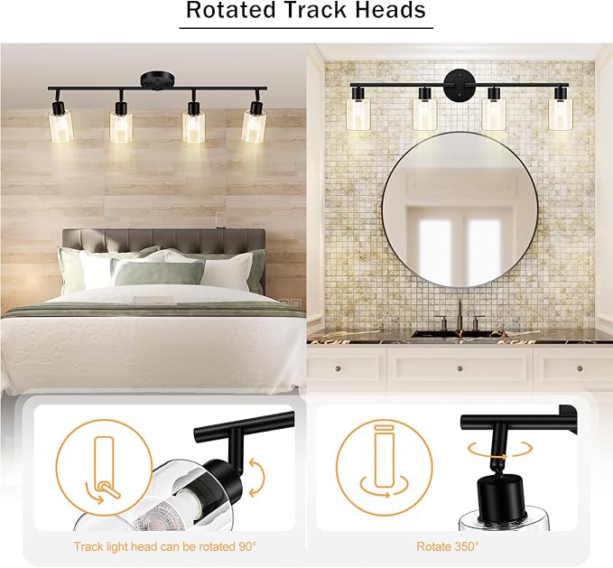 BoostArea 4 Light Led Track Light,Glass Lightshade Track Lighting Kits,4 Way Modern Ceiling Spot Lights for Kitchen,Dining Room,Bedroom,Hallway,Flexibly Rotatable Light Head,Black,Not GU10 Bulb