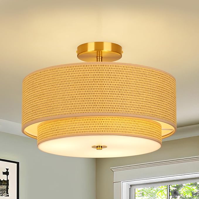 16 Inch Modern Semi Flush Mount Ceiling Light Fixture, Double Rattan and Wicker Style Drum Shade, Gold Farmhouse Flush Ceiling Lamp for Bedroom, Living Room, Dining Room, Kitchen