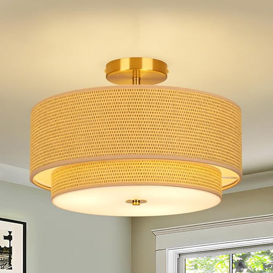 16 Inch Modern Semi Flush Mount Ceiling Light Fixture, Double Rattan and Wicker Style Drum Shade, Gold Farmhouse Flush Ceiling Lamp for Bedroom, Living Room, Dining Room, Kitchen