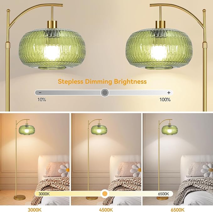 QIYIZM Green Floor Lamp for Living Room,Bedroom,Gold Dimmable Standing Lamp with Remote,Mid Century Modern Brass Tall Lamp Boho Floor Lamps Arc Stained Glass Floor Light Lamp Girls Bohemian