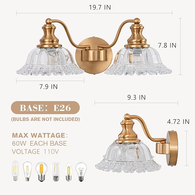 Gold Bathroom Light Fixtures Over Mirror, 2 Light Vintage Bathroom Vanity Light Fixture with Clear Flower Glass Shades, Retro Brass Vanity Lights for Bathroom, Bathroom Vanity Lights Over Mirror