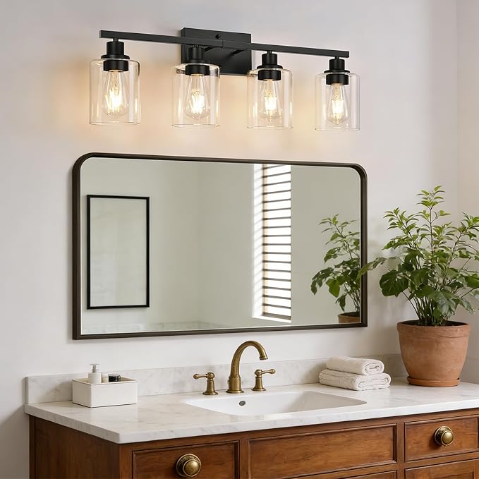 MOKATNG 4-Light Bathroom Light Fixtures, Vanity Light with Clear Glass Shades, Matte Black Bathroom Light Fixtures Over Mirror, Modern Bathroom Wall Lamp for Mirror Living Room Cabinet Bedroom
