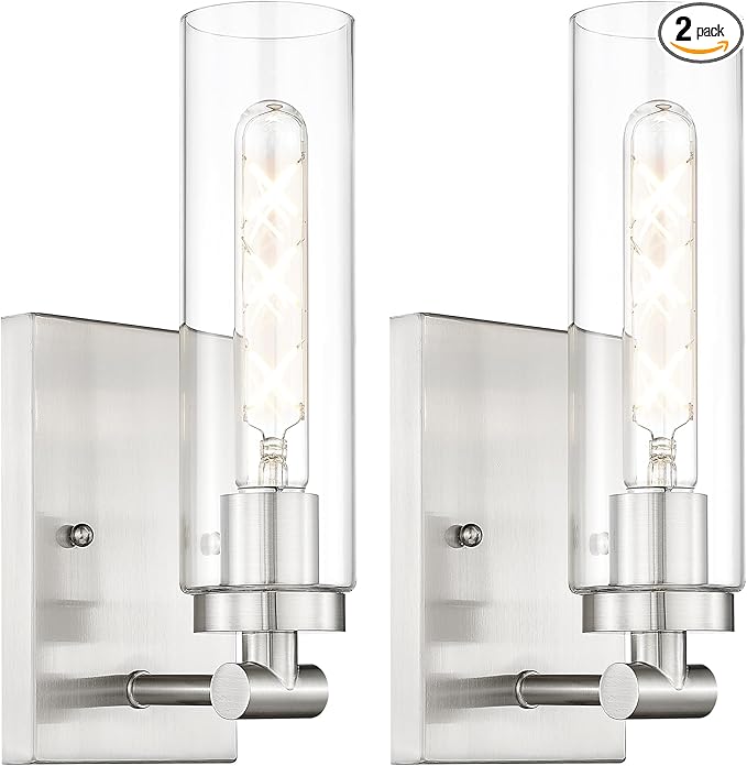 Emak Modern Wall Lights, Brushed Nickel Sconces with Clear Glass Shade, 2 Light Bathroom Vanity Light for Bathroom, Mirror, Living Room, Bedroom, Gallery, WS086-BN-CG-2PK