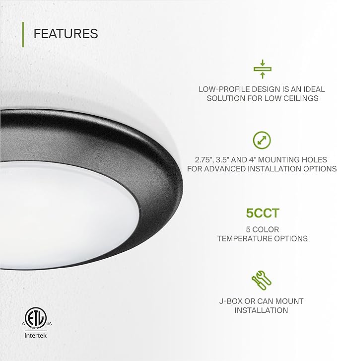 ASD 1 Pack LED Disk Lights 6 Inch, 15W 5CCT 2700K-5000K 1245LM CRI90+, Dimmable Flush Mount Ceiling Light Fixture, Low Profile Surface Mount Disc Lights, Junction Box or Recessed Can Install, ETL