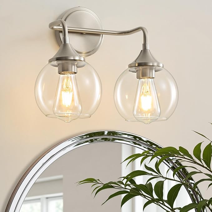 Bathroom Vanity Light with Clear Glass Shade, E26 Base, 2-Light Bathroom Light Fixtures Over Mirror, 14 Inch Vanity Lights for Bathroom (Exclude E26 Bulb) - Brushed Nickel