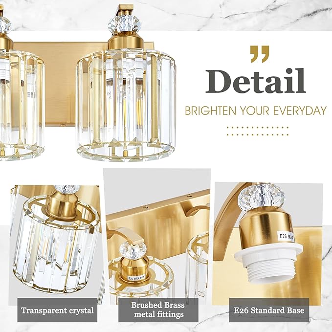 3-Lights Brushed Brass Bathroom Light Fixture Gold Vanity Lights Modern Crystal Bathroom Vanity Lighting Over Mirror Wall Sconce with K9 Crystal Shade E26 Base for Living Room, Bedroom Wall Lamp