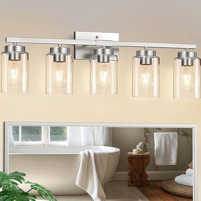 IZORRO Modern Bathroom Light Fixtures, 5 Light Brushed Nickel Vanity Lights, Bathroom Lighting Fixtures Over Mirror with Clear Glass for Living Room Cabinet Bedroom